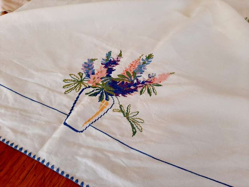Hand embroidered cross stitch tablecloth (106 x 106cm)