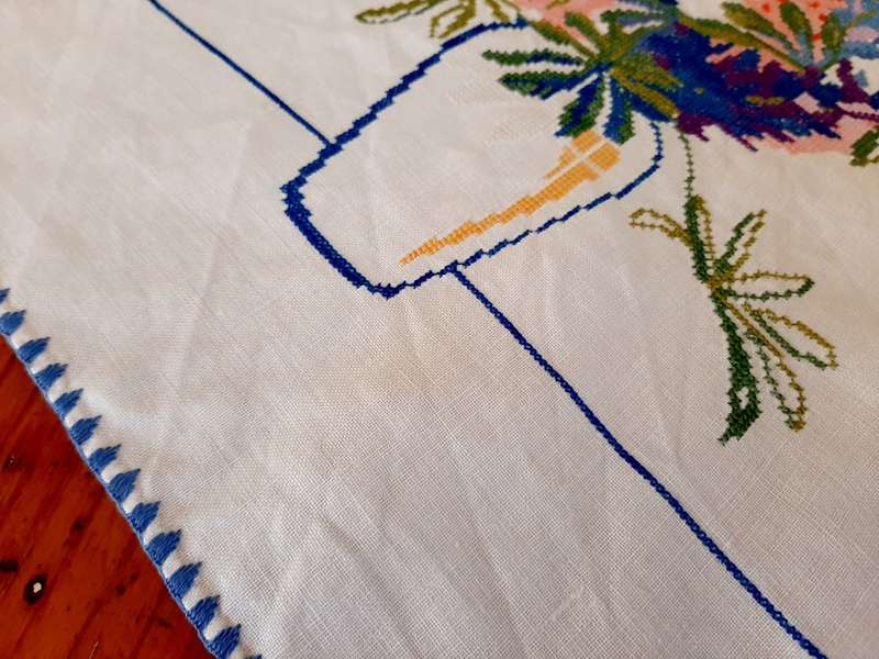 Hand embroidered cross stitch tablecloth (106 x 106cm)