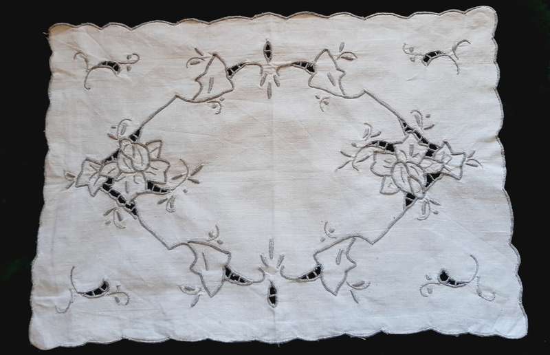 Embroidered tray cloth - cream linen with grey embroidery - 40 x 28 cm