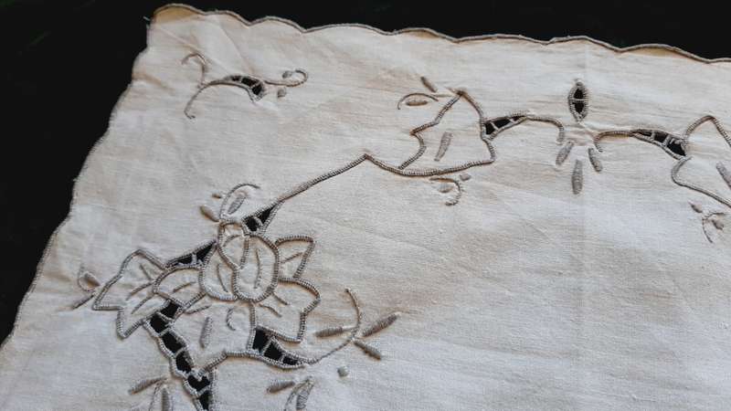 Embroidered tray cloth - cream linen with grey embroidery - 40 x 28 cm