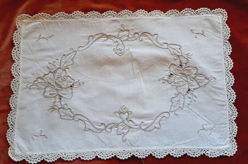 Embroidered tray cloth - cream cotton with hand crochet edging - 40 x 26cm