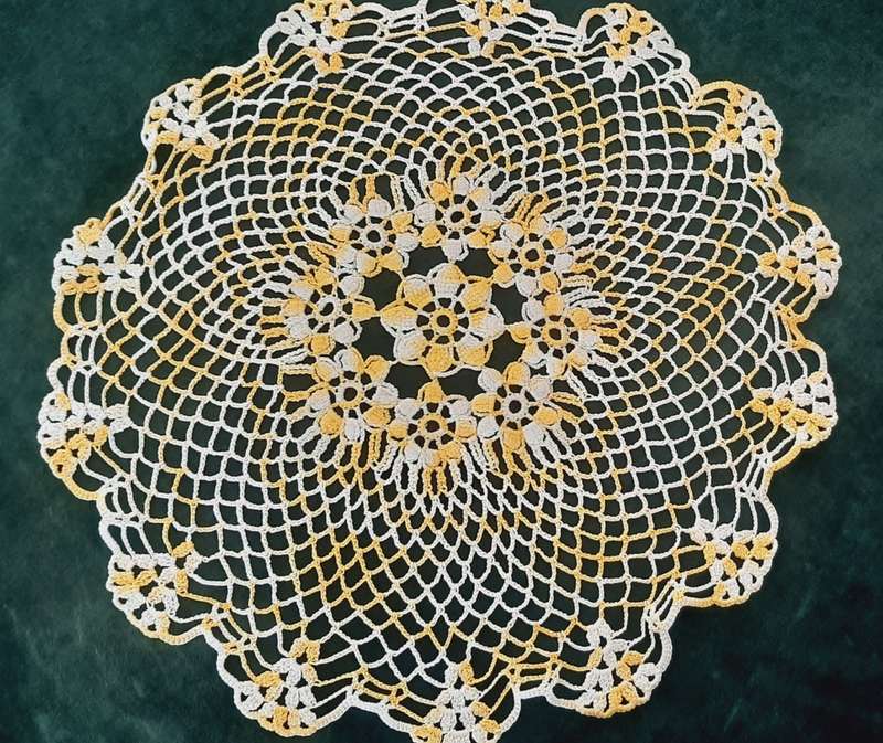 Large yellow and white crochet doily doilie 45 cm