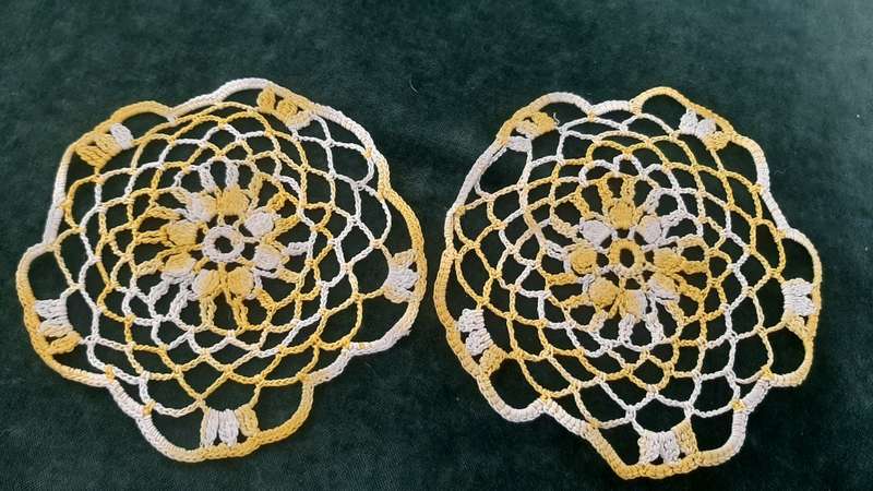 2 small yellow and white crochet doily doilie 15 cm