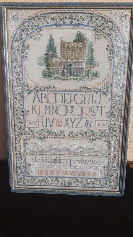 Beautiful cross stitch sampler - framed behind glass 45 x 31 cm