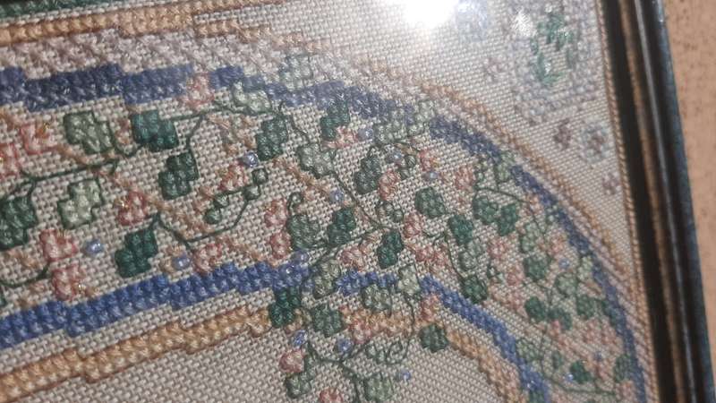 Beautiful cross stitch sampler - framed behind glass 45 x 31 cm
