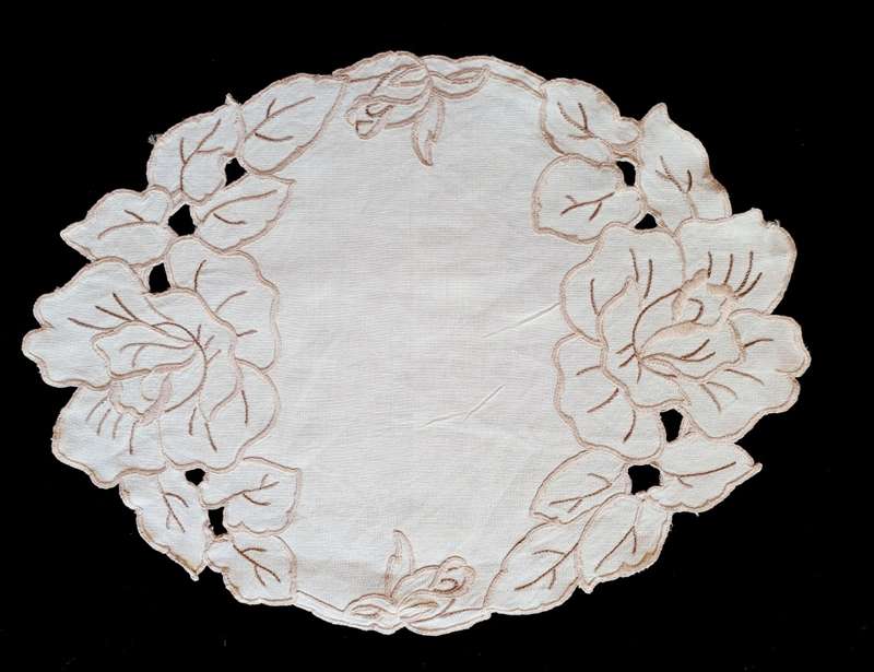 Oval embroidered doilie/ doily- white with beige embroidery - 37 cm length
