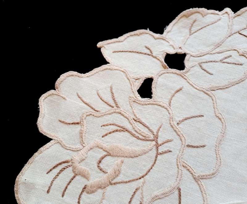 Oval embroidered doilie/ doily- white with beige embroidery - 37 cm length