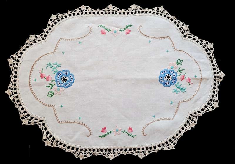 Large, linen embroidered tray cloth - 46 x 34cm
