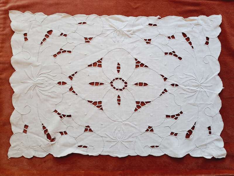 Linen embroidered tray cloth with grey embroidery -  47 x 30 cm