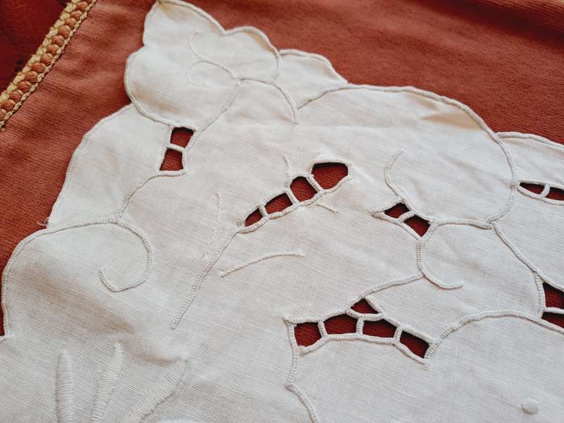 Linen embroidered tray cloth with grey embroidery -  47 x 30 cm