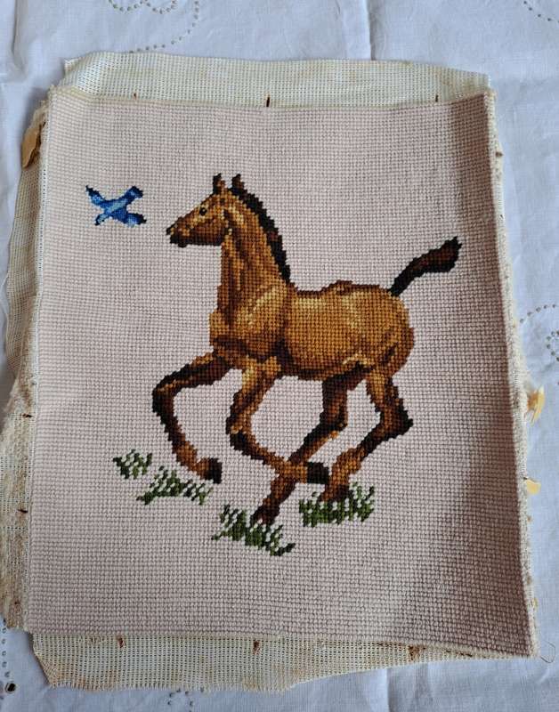 Completed tapestry of a foal 34 x 30cm