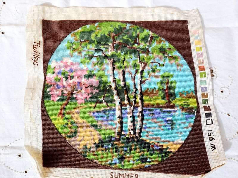 Completed tapestry of a spring scene 30 x 30 cm