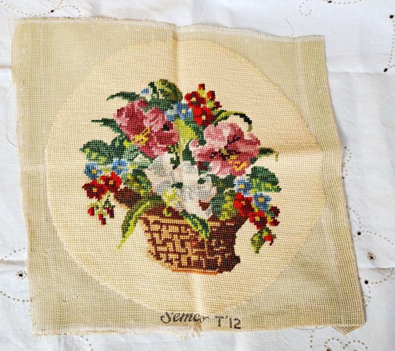 Completed tapestry of a basket of flowers - 35cm diameter