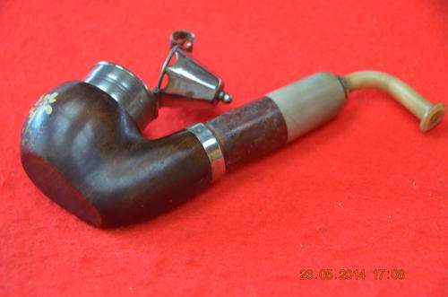 King Antique hand painted Swiss or German Pipe with Cherry Stem & hooded bowl