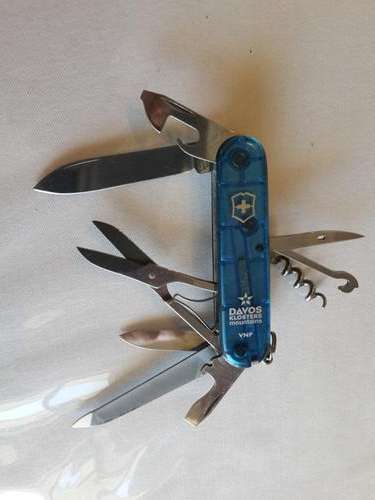 Swiss Army knife Mountaineer Victorinox with blue translucent scales and logo