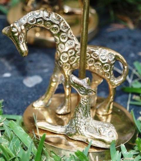 Solid brass Giraffe and Calf under palm tree