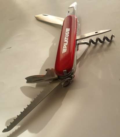 Victorinox Swiss Army Knife Camper- older model with grooved corc screw and Pilatus Logo on scale