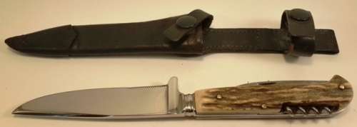 Vintage HUBERTUS Hunting Knife Stag Handle With Saw Skinning Blade and Bottle Opener