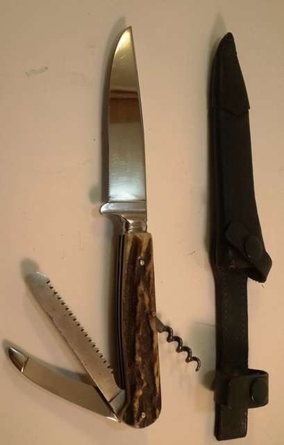 Vintage HUBERTUS Hunting Knife Stag Handle With Saw Skinning Blade and Bottle Opener