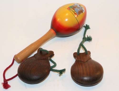 Pair of Spanish Castanets Wooden Dance Clappers and 1 Maracas
