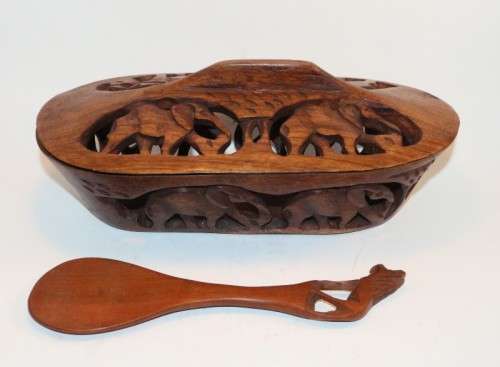 Carved wooden bowl  with lid and spoon