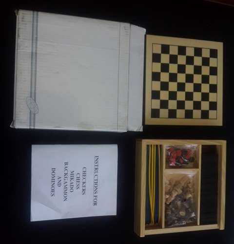 Travel Games Checkers Chess Mikado Backgammon Dominos in Wooden Box L 17 b17