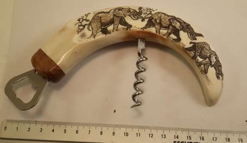 Warthog Tusk with Elephants Picture bottle opener and cork screw