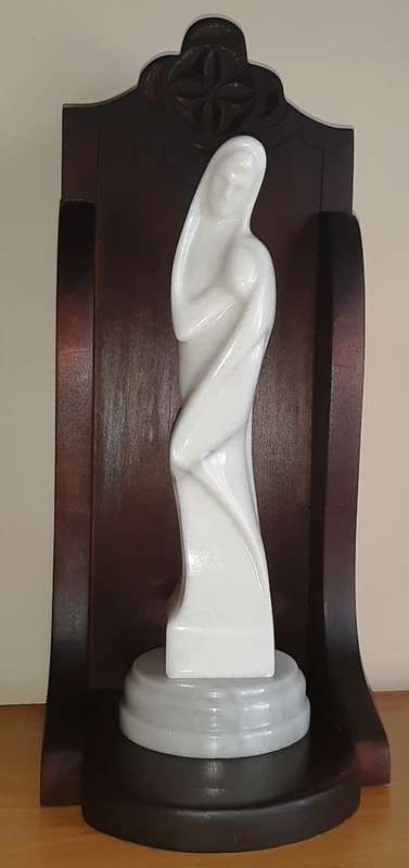 Marble Virgin Mary and Child H34.5 in Dark wooden Box stand