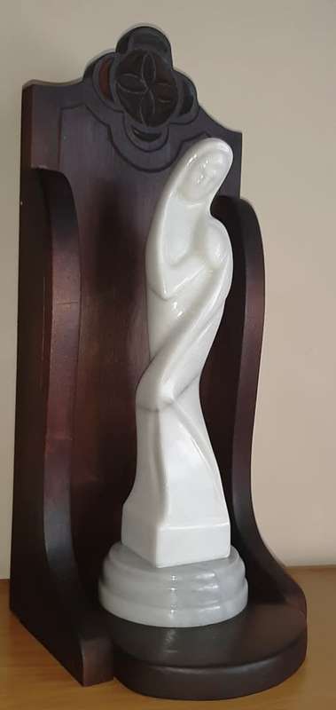 Marble Virgin Mary and Child H34.5 in Dark wooden Box stand