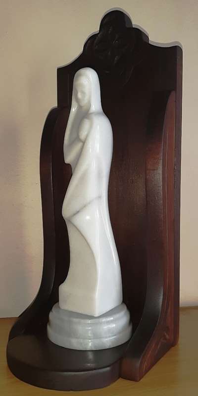 Marble Virgin Mary and Child H34.5 in Dark wooden Box stand
