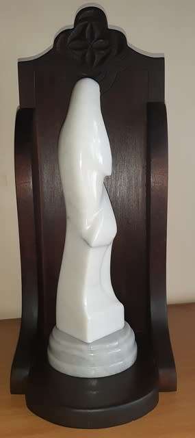 Marble Virgin Mary and Child H34.5 in Dark wooden Box stand