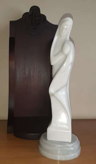 Marble Virgin Mary and Child H34.5 in Dark wooden Box stand
