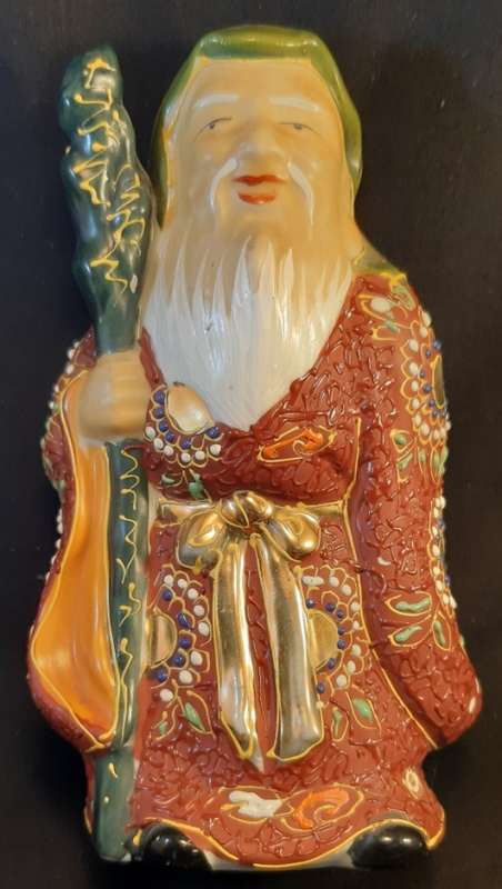 Vintage Kutani Moriage Japanese Porcelain Statue Jorojin Lucy God of Wisdom