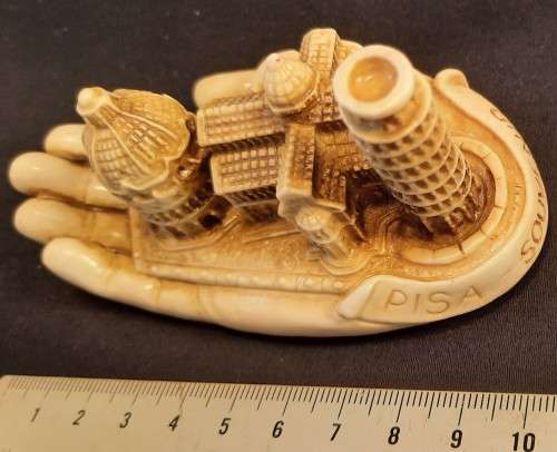 Ornament  Hand with Tower of Pisa  Hight 5 cm x width /length 10 cm signed by J Taliani