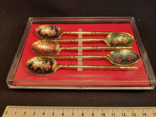 Vintage Set five tea spoons Gold tone  Enamel Clasonne Flower collection