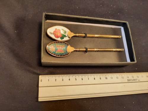 Vintage Set Two tea spoons Gold tone  Enamel Clasonne Butterfly and Hibiscus collection