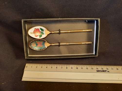 Vintage Set Two tea spoons Gold tone  Enamel Clasonne Butterfly and Hibiscus collection