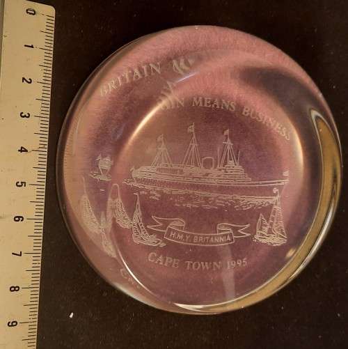 Paper Weight Glass Laser cut  H M Y Britannia in Cape Town 1995 Made by Royal Brierley