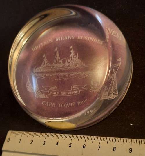 Paper Weight Glass Laser cut  H M Y Britannia in Cape Town 1995 Made by Royal Brierley