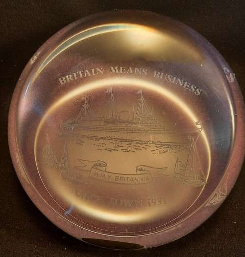 Paper Weight Glass Laser cut  H M Y Britannia in Cape Town 1995 Made by Royal Brierley