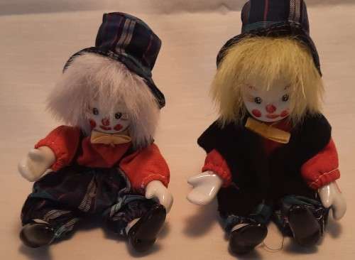 Two Collectable Clown dolls Porcelain Face Feet and Hands Cloth Body 11 cm tall