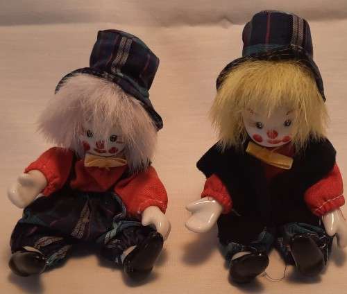 Two Collectable Clown dolls Porcelain Face Feet and Hands Cloth Body 11 cm tall