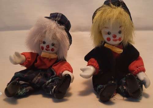 Two Collectable Clown dolls Porcelain Face Feet and Hands Cloth Body 11 cm tall