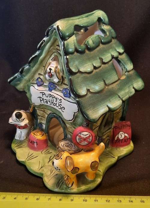 Blue Sky clay works Puppy Play House tea light made in Canada year 2008
