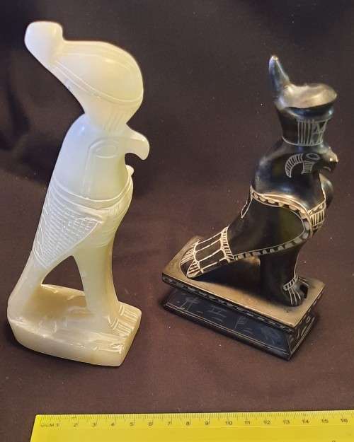 Horus Two Small stone Statues,   H19 cm  W 8 white and black is H17cm  w 9 Condition as per Pictures