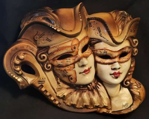 Venetian Carnival masks wall hanging pair made in Venezia Vintage