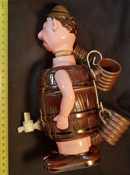 Decanter Man in Barrel with four small mugs on his Back