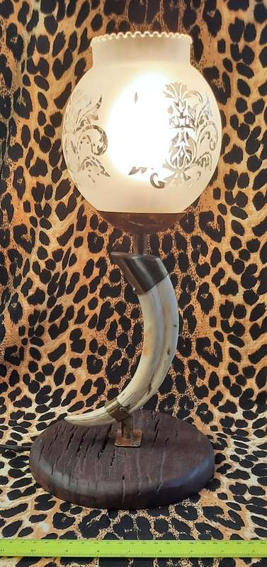 Glass shade  Warthog Tusk table Lamp with Wooden Stand