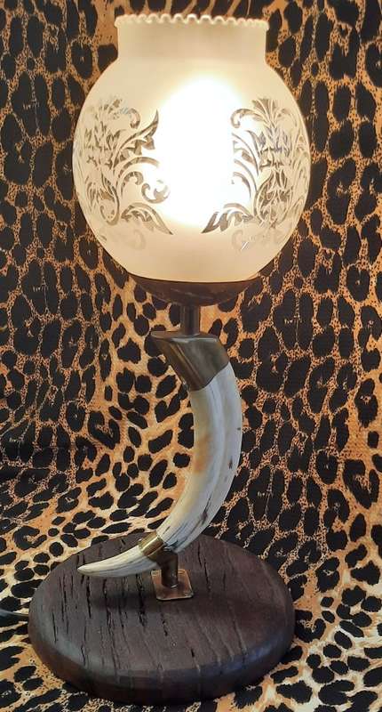 Glass shade  Warthog Tusk table Lamp with Wooden Stand