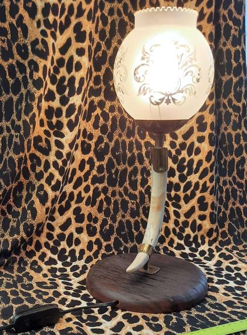Glass shade  Warthog Tusk table Lamp with Wooden Stand